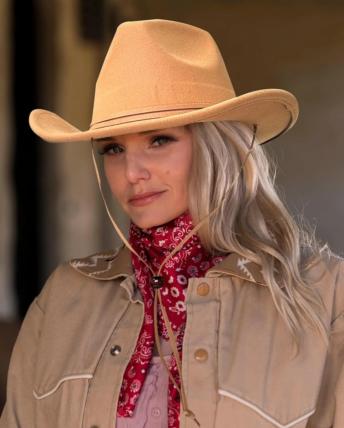 Lanzom Women Men Retro Felt Wide Brim Western Cowboy Cowgirl Hat Dress Up Hat with Wind Lanyard