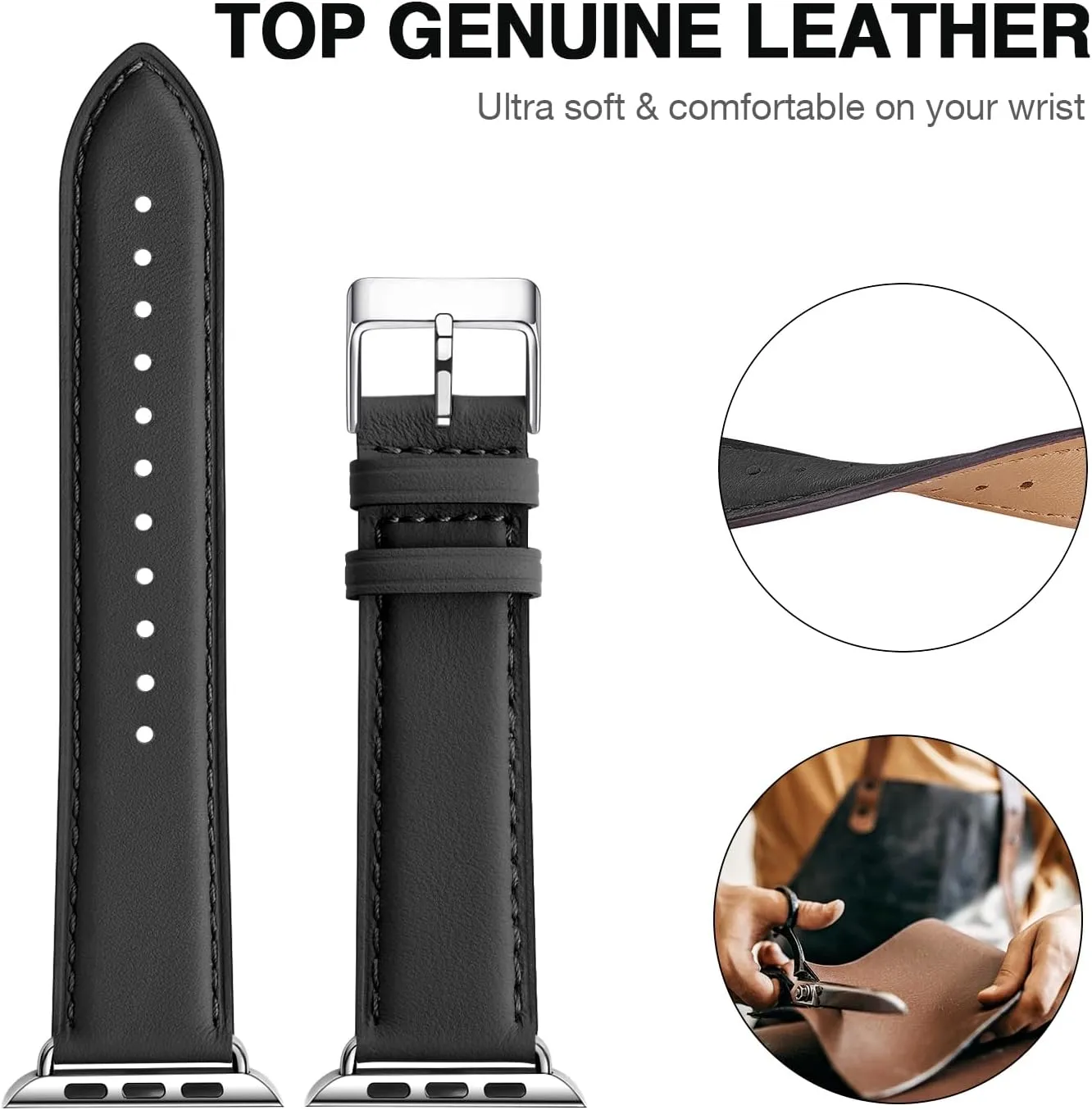 Leather Bands Compatible with Apple Watch Band 38mm 40mm 41mm 42mm 44mm 45mm 46mm 49mm, Genuine Leather Wristband Starp for iWatch SE Series 10 9 8 7 6 5 4 3 2 1 Ultra for Women Men