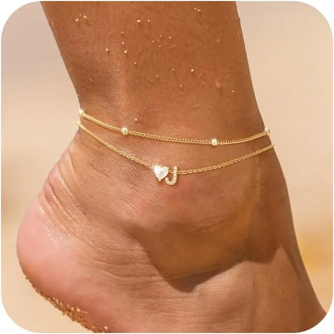 Love Heart Initial Gold Anklets for Women Dainty 14k Gold Plated CZ Anklet Trendy Waterproof Fashion Jewelry Gifts for Women