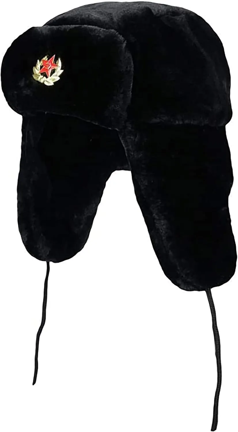 Loxdonz Ushanka Russian Military Hat with Ear Flaps and Soviet Badge, Trapper Ski Hat for Winter