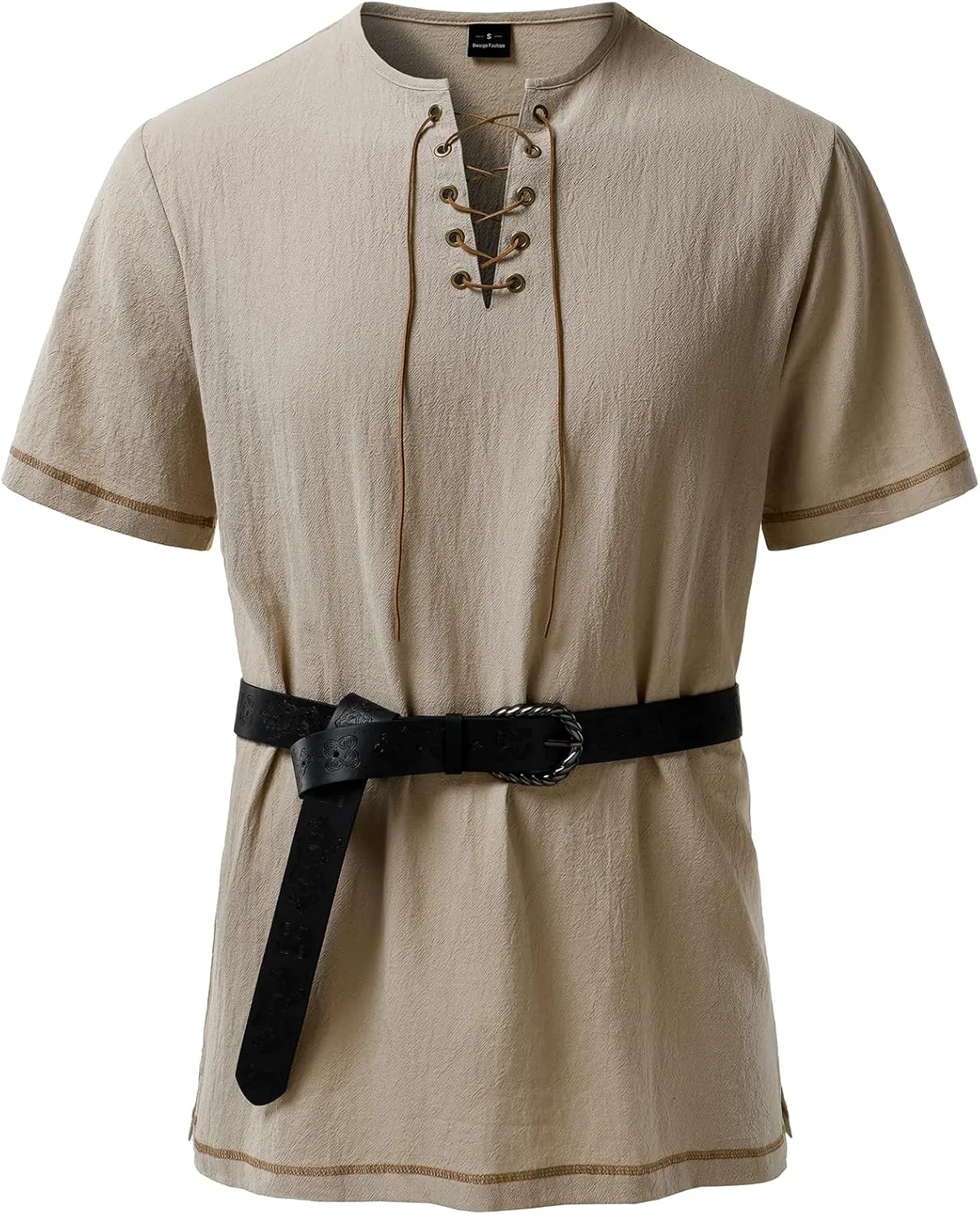 Men's Pure Cotton Retro Short Sleeves Lace Up Shirts for Casual Renaissance Pirate Medieval Viking Without Belt