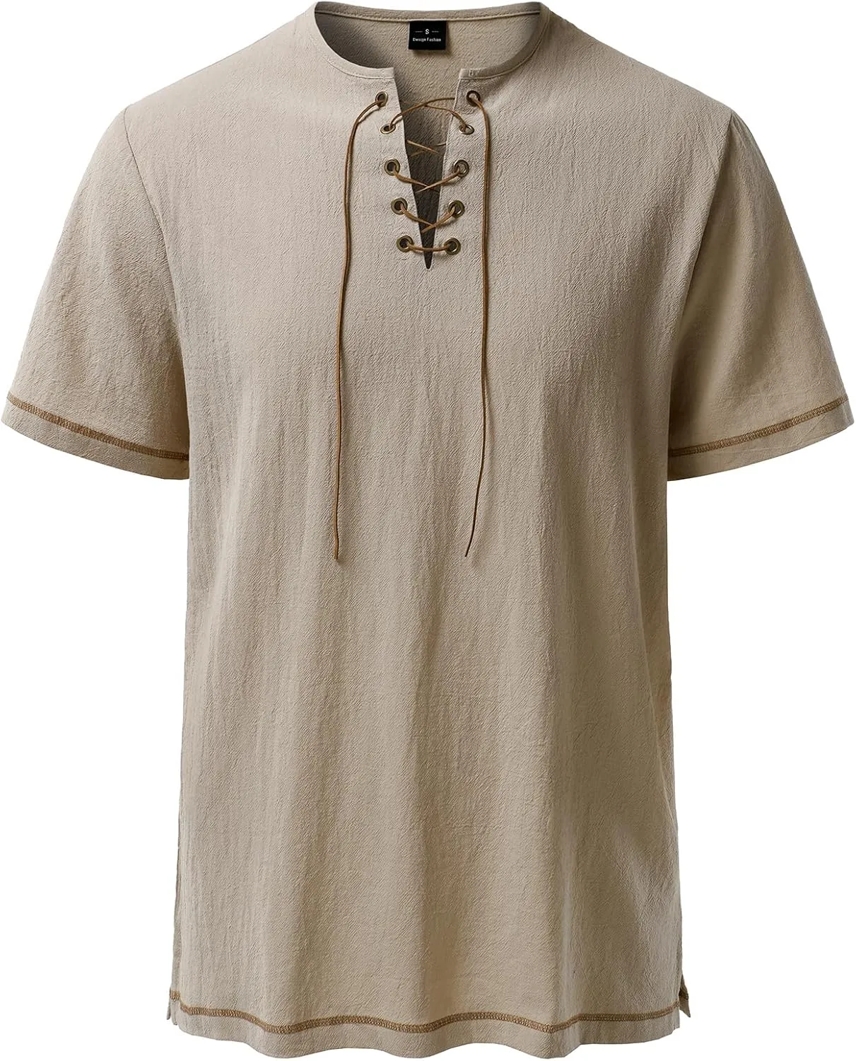 Men's Pure Cotton Retro Short Sleeves Lace Up Shirts for Casual Renaissance Pirate Medieval Viking Without Belt