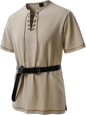 Men's Pure Cotton Retro Short Sleeves Lace Up Shirts for Casual Renaissance Pirate Medieval Viking Without Belt