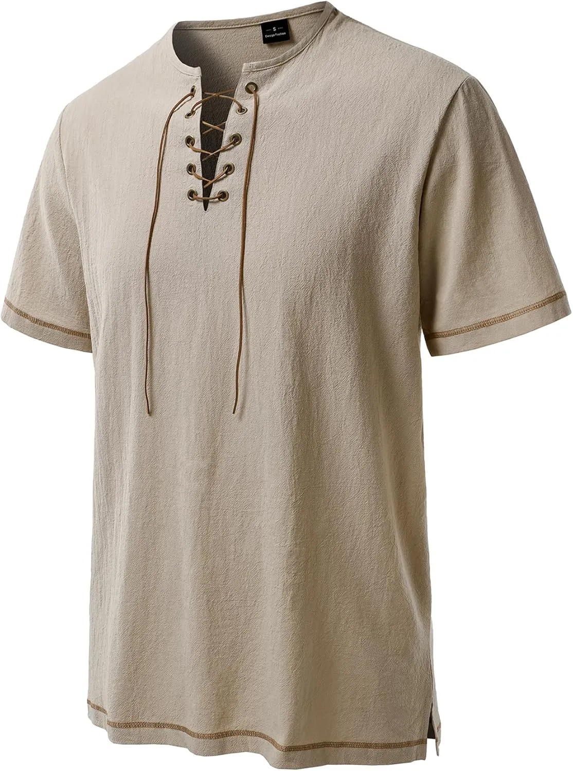Men's Pure Cotton Retro Short Sleeves Lace Up Shirts for Casual Renaissance Pirate Medieval Viking Without Belt
