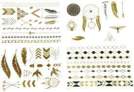 Metallic Temporary Tattoos Gold And Silver Four Sheets Boho Dreamcatchers Feathers Arrows Eagle Necklace Bracelet Upper Arm Band Tattoo