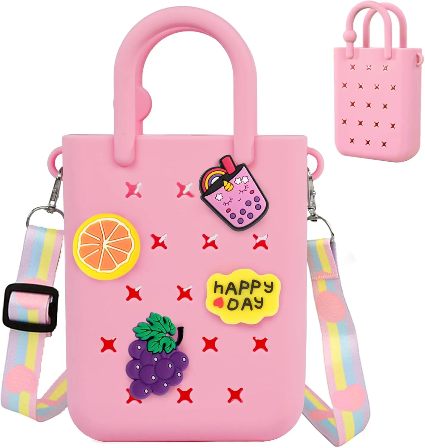 Mini Rubber Tote Bag, EVA Waterproof Beach Tote for Little Girls And Woman, Silicone Hole Small Beach Tote for Travel Outdoor, Cute Rubber Beach Bag with 20 Charms & Adjustable Shoulder Strap