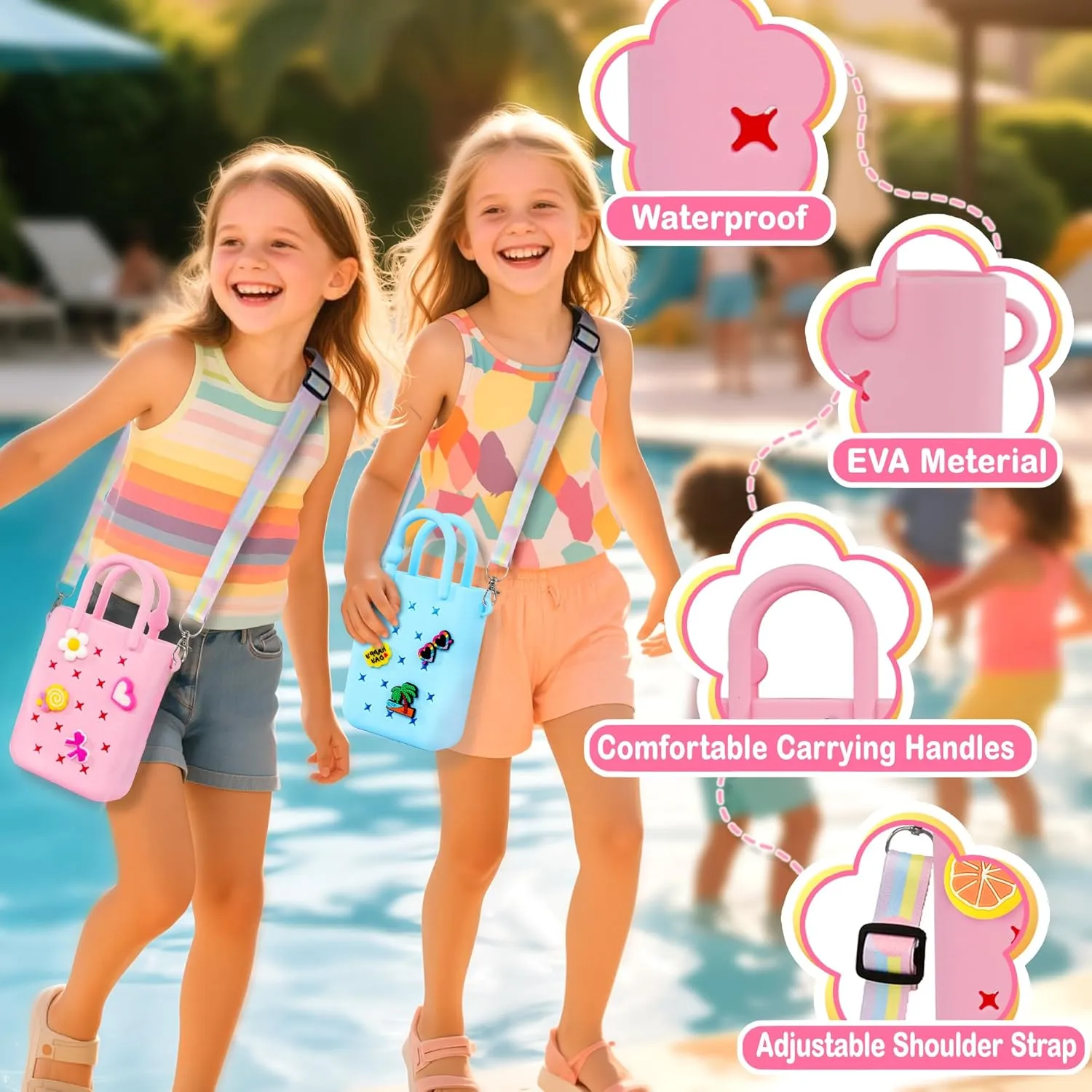 Mini Rubber Tote Bag, EVA Waterproof Beach Tote for Little Girls And Woman, Silicone Hole Small Beach Tote for Travel Outdoor, Cute Rubber Beach Bag with 20 Charms & Adjustable Shoulder Strap