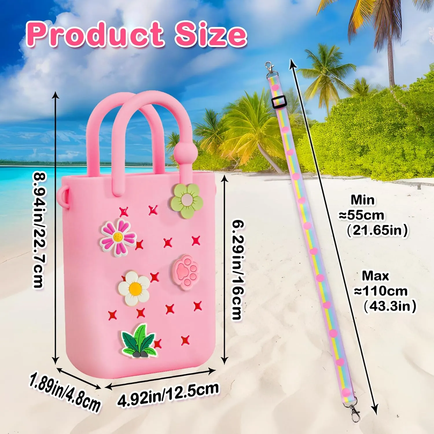 Mini Rubber Tote Bag, EVA Waterproof Beach Tote for Little Girls And Woman, Silicone Hole Small Beach Tote for Travel Outdoor, Cute Rubber Beach Bag with 20 Charms & Adjustable Shoulder Strap