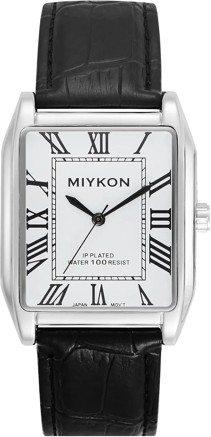 Miykon Vintage Watches for Men - Tank Square Analog Watch with Genuine Leather Wrist Strap for Classic Dress - Ion Polished, Scratch Resistant Glass, Japanese Quartz, Waterproof to 100ft