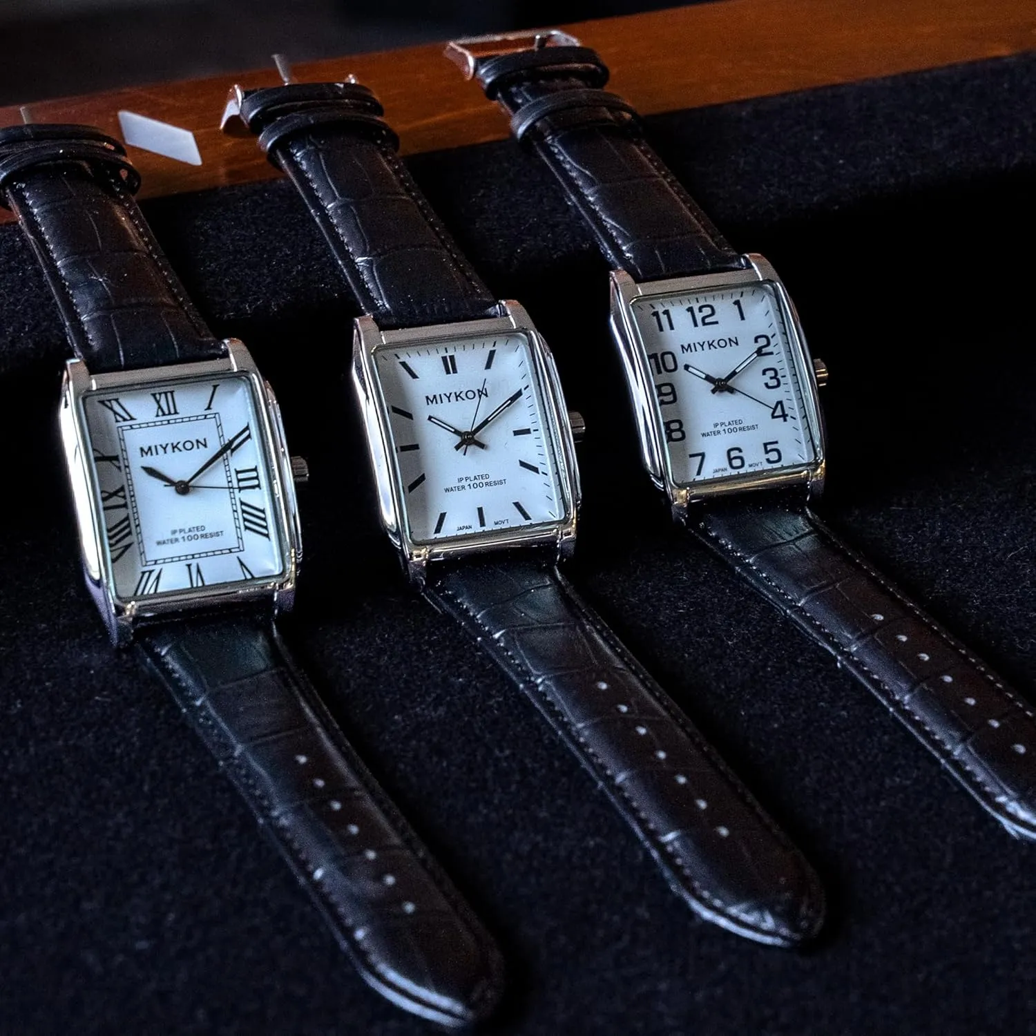 Miykon Vintage Watches for Men - Tank Square Analog Watch with Genuine Leather Wrist Strap for Classic Dress - Ion Polished, Scratch Resistant Glass, Japanese Quartz, Waterproof to 100ft