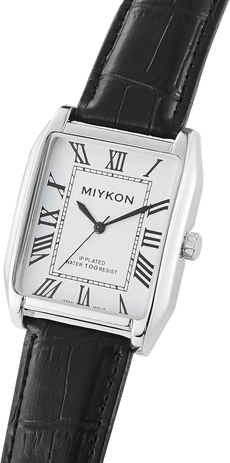 Miykon Vintage Watches for Men - Tank Square Analog Watch with Genuine Leather Wrist Strap for Classic Dress - Ion Polished, Scratch Resistant Glass, Japanese Quartz, Waterproof to 100ft