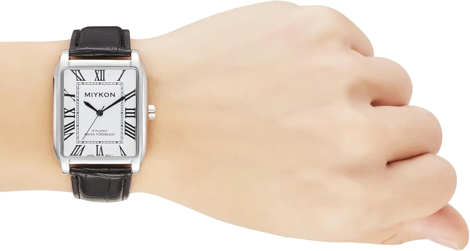 Miykon Vintage Watches for Men - Tank Square Analog Watch with Genuine Leather Wrist Strap for Classic Dress - Ion Polished, Scratch Resistant Glass, Japanese Quartz, Waterproof to 100ft