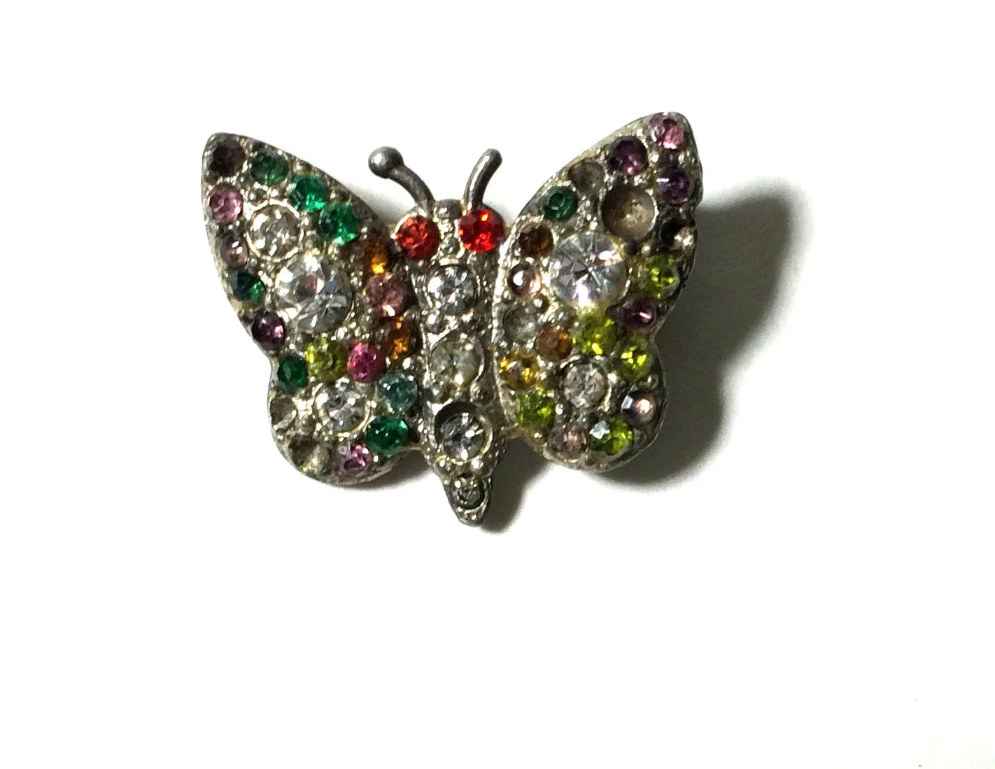 Multicolored Rhinestone Studded Tiny Butterfly Pin circa 1940s