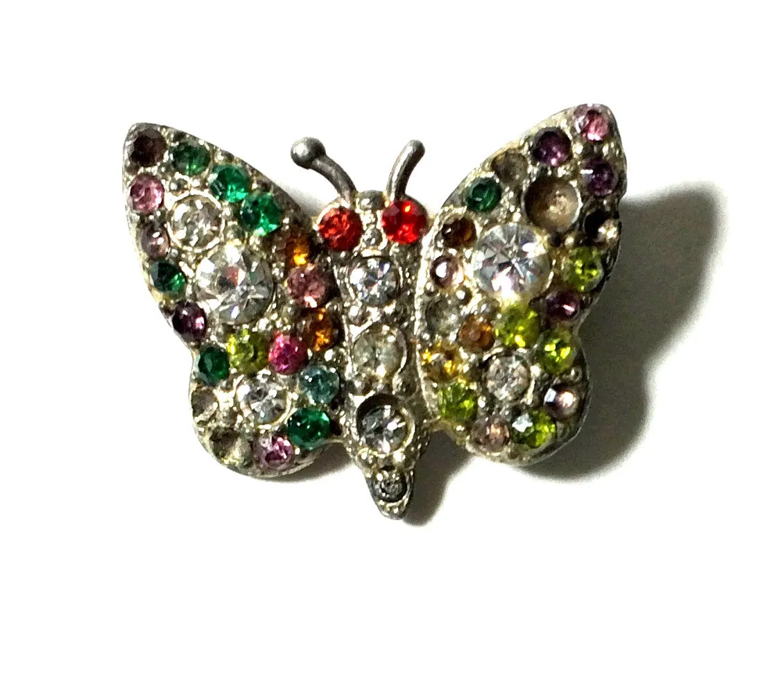 Multicolored Rhinestone Studded Tiny Butterfly Pin circa 1940s