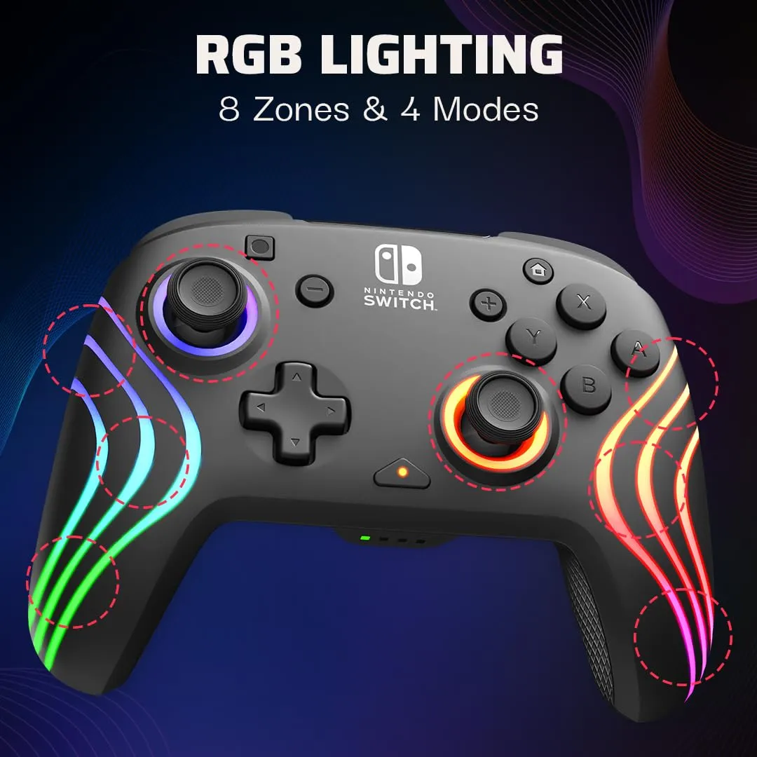 PDP Afterglow Wave Wireless Nintendo Switch Pro Controller with Motion Controls, Fully Licensed for Switch/OLED, Customizable LED Lighting, 30 Foot Range, 20 Hour Rechargeable Battery Power: Black