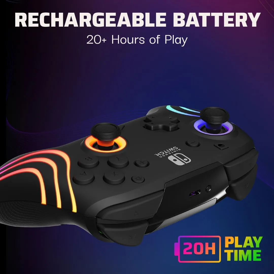 PDP Afterglow Wave Wireless Nintendo Switch Pro Controller with Motion Controls, Fully Licensed for Switch/OLED, Customizable LED Lighting, 30 Foot Range, 20 Hour Rechargeable Battery Power: Black