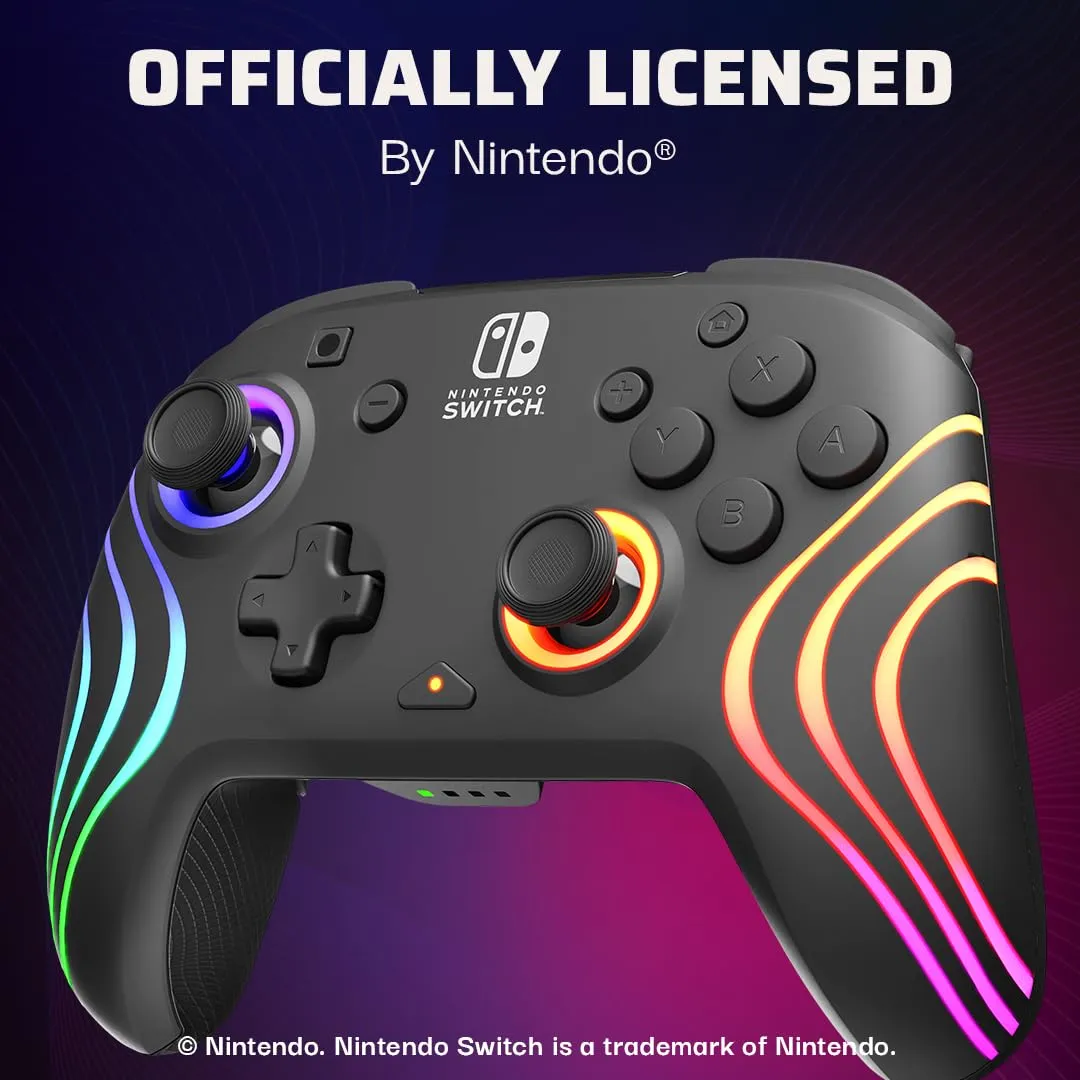 PDP Afterglow Wave Wireless Nintendo Switch Pro Controller with Motion Controls, Fully Licensed for Switch/OLED, Customizable LED Lighting, 30 Foot Range, 20 Hour Rechargeable Battery Power: Black