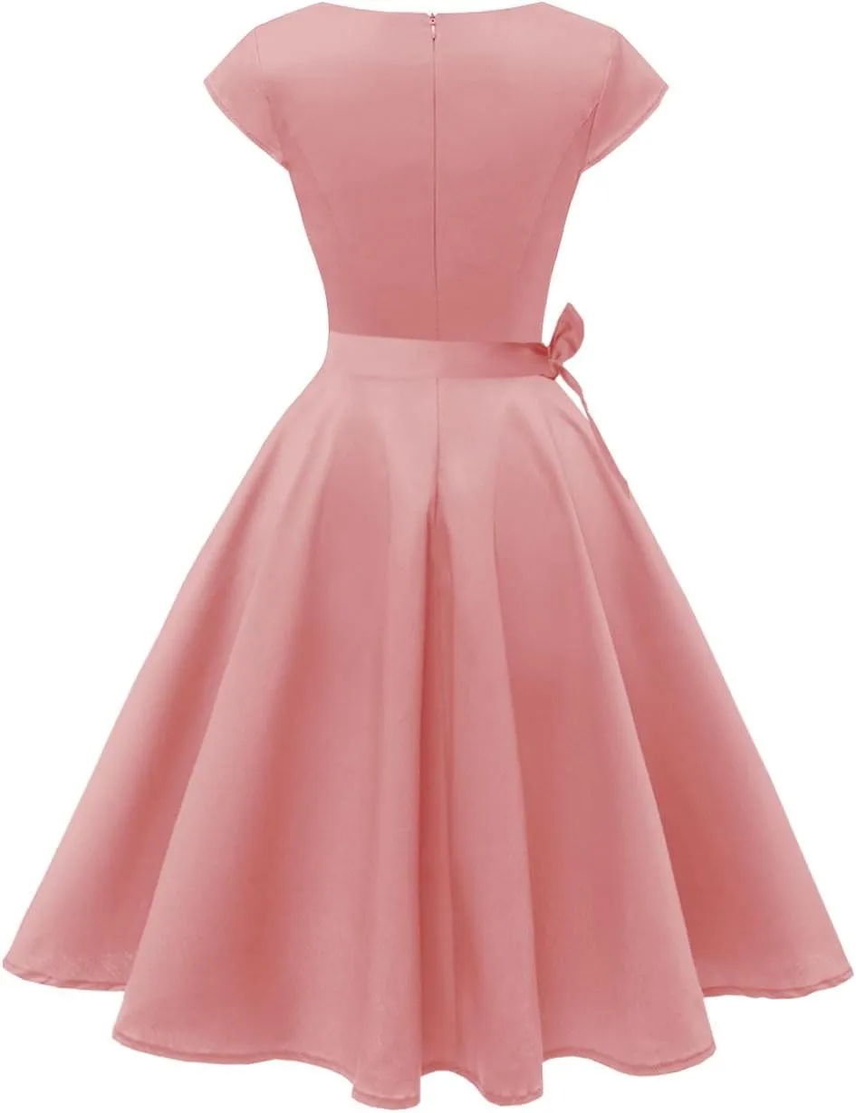 PUKAVT Women's 1950 Boatneck Cap Sleeve Vintage Swing Cocktail Party Dress with Pockets