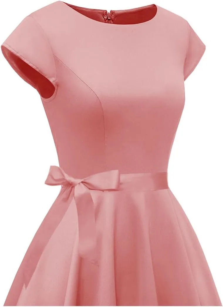 PUKAVT Women's 1950 Boatneck Cap Sleeve Vintage Swing Cocktail Party Dress with Pockets