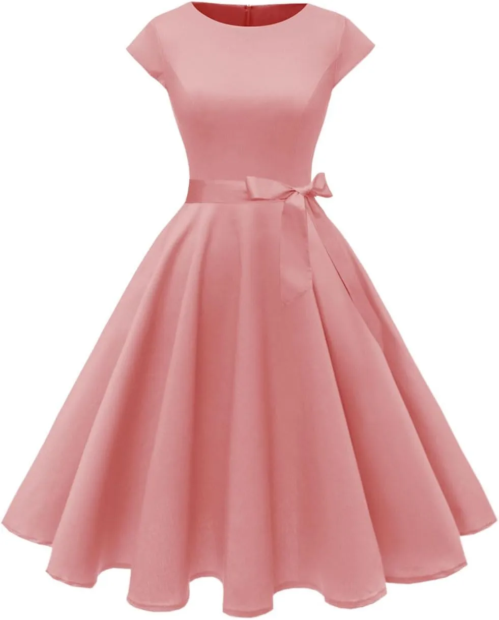 PUKAVT Women's 1950 Boatneck Cap Sleeve Vintage Swing Cocktail Party Dress with Pockets
