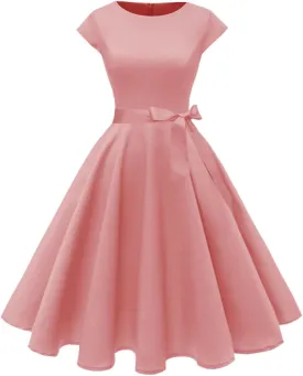 PUKAVT Women's 1950 Boatneck Cap Sleeve Vintage Swing Cocktail Party Dress with Pockets