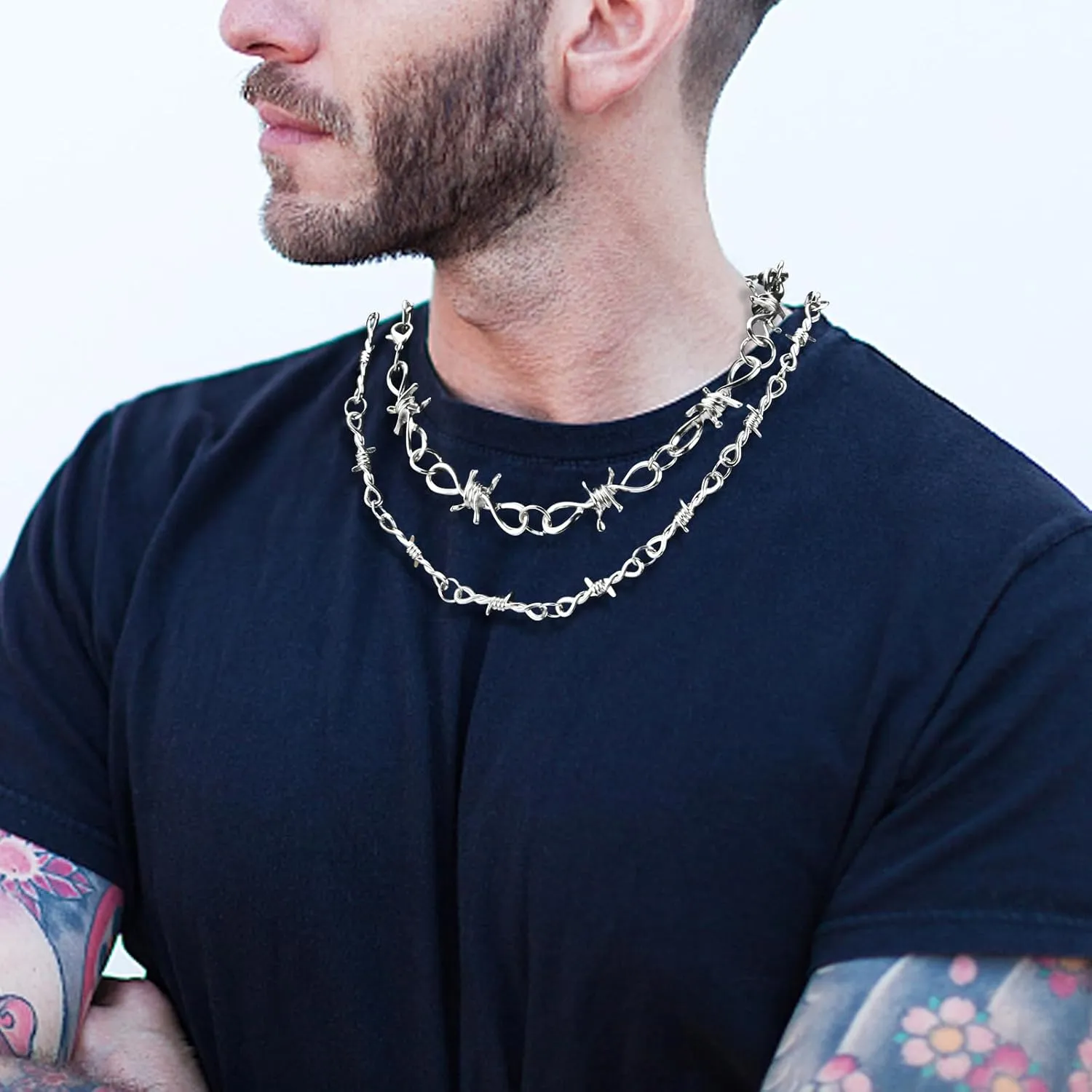 Punk Gothic Thorns Metal Barbed Wire Chain Necklace Bracelet Silver Jewelry for Men Women