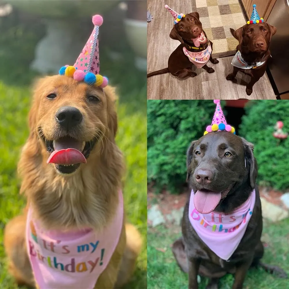 PUPTECK Dog Birthday Bandana Scarf with Cute Doggy Party Hat, Costume Decorations Supplies for Small Medium Large Dogs Boy Girl Outfit Gifts, Pink