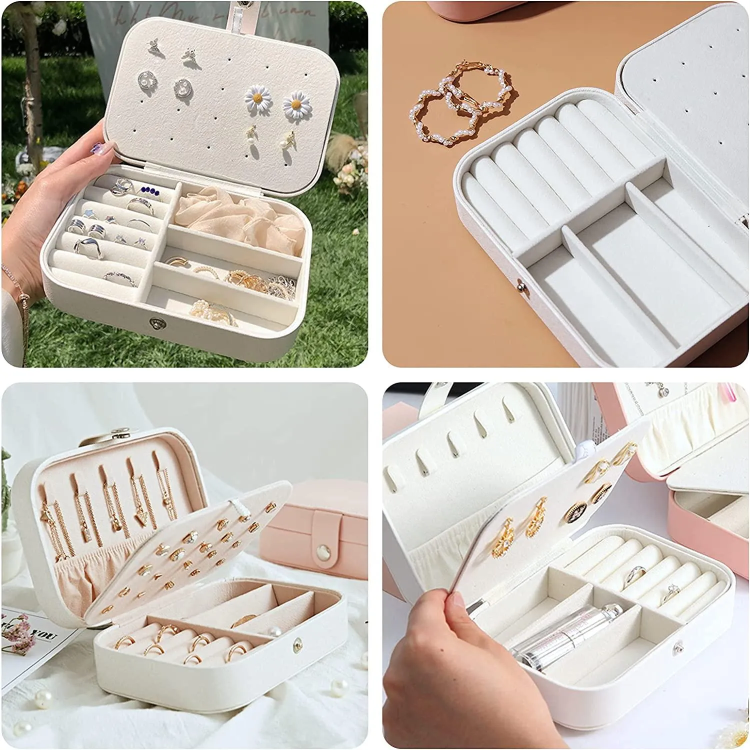 Small Travel Jewelry Box Organizer, Small Travel PU Leather Jewellery Storage Case for Rings Bracelets Earrings Necklaces Girls Women Her Mom White
