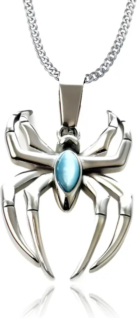 Spider man Fans Rejoice Light Blue Cubic Zircon Inlaid Necklace,Durable Stainless Steel Chain for Affordable Superhero Style(Silver)