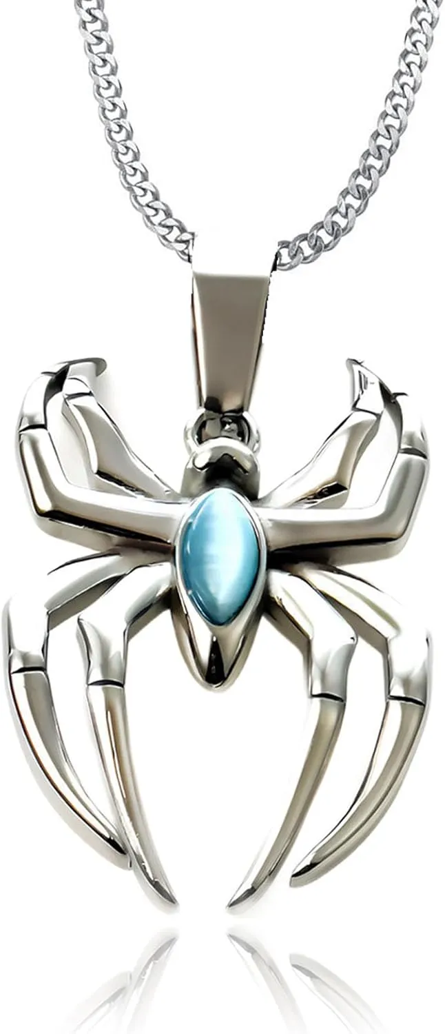 Spider man Fans Rejoice Light Blue Cubic Zircon Inlaid Necklace,Durable Stainless Steel Chain for Affordable Superhero Style(Silver)