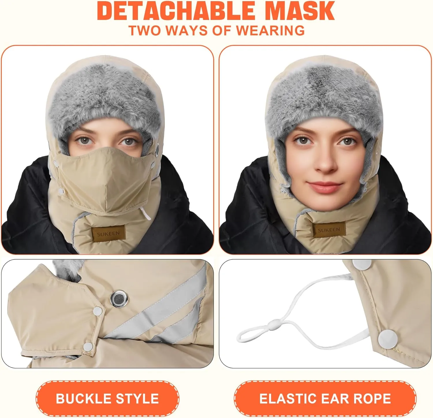 Sukeen Trapper Hats Windproof Winter Hat Water Repellent Warm Hat Lightweight Earflap Hat with Mask for Cold Snow Weather