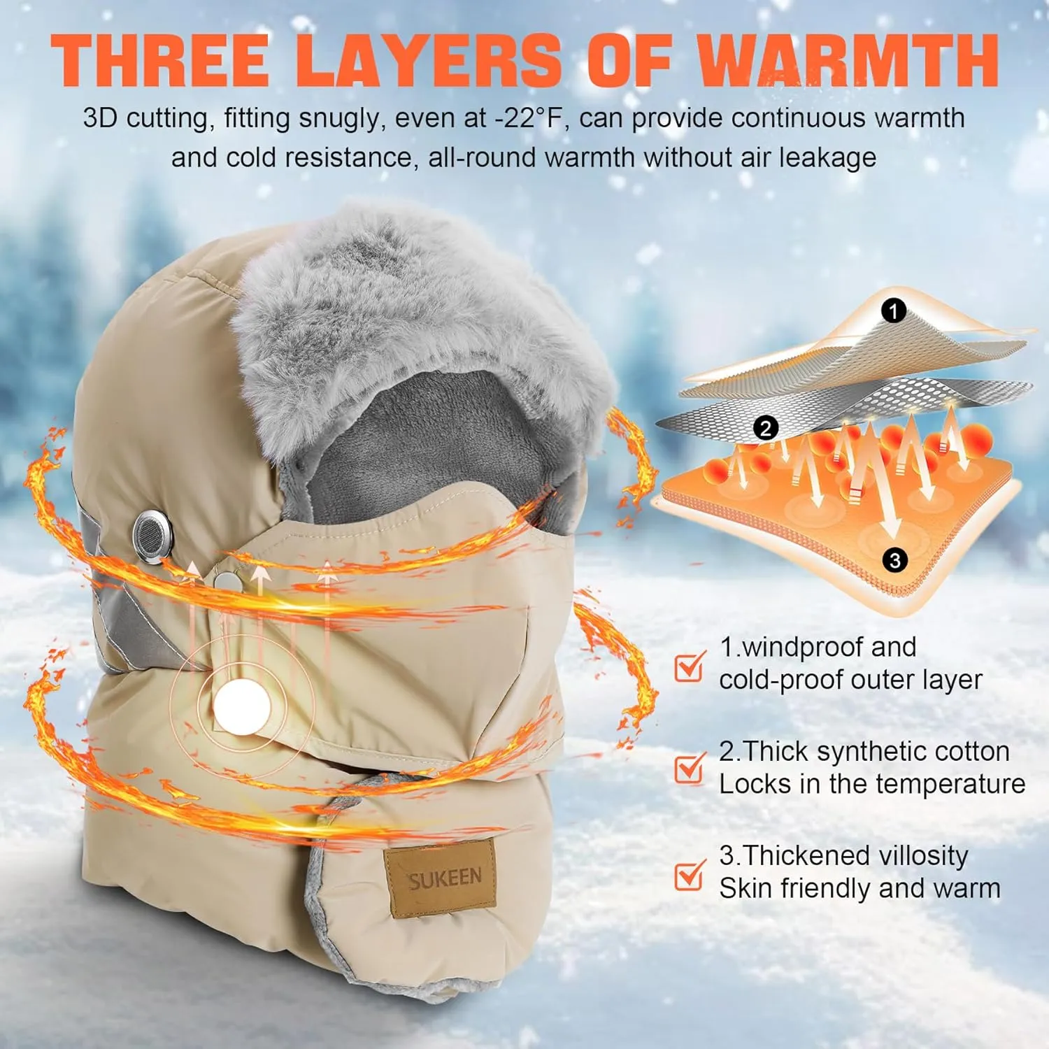 Sukeen Trapper Hats Windproof Winter Hat Water Repellent Warm Hat Lightweight Earflap Hat with Mask for Cold Snow Weather