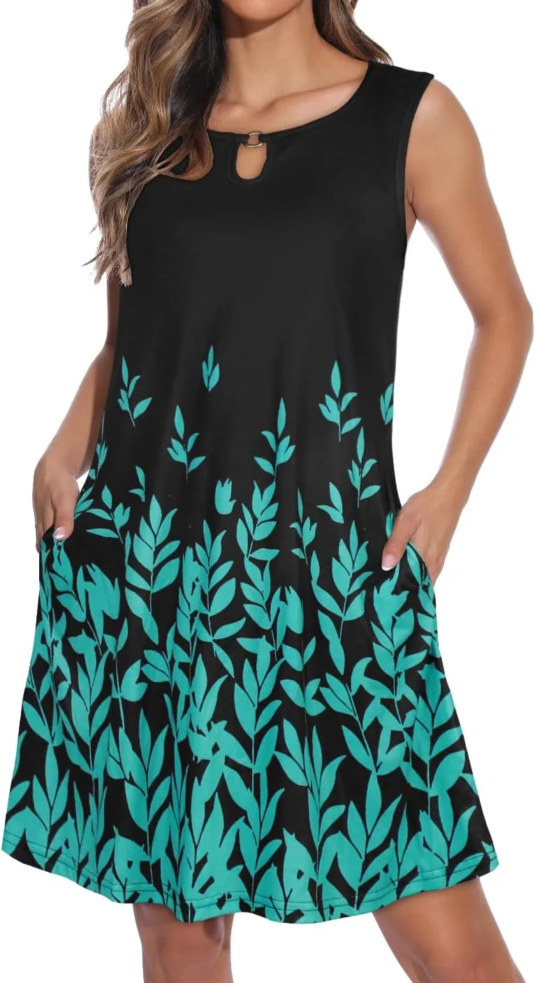 Summer Dresses for Women Casual Sleeveless Sundress Floral Loose Fit Beach Cover Up with Pocket