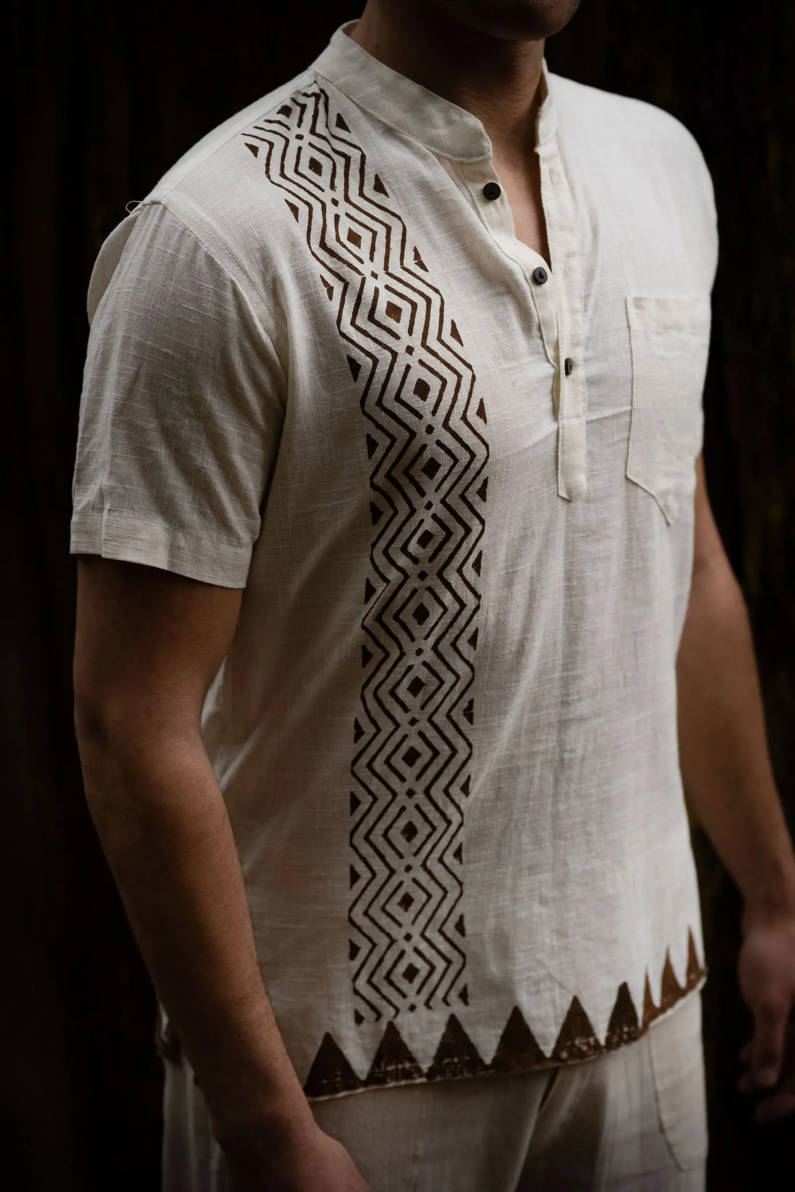 Tribal Block Print Button Shirt - Sand