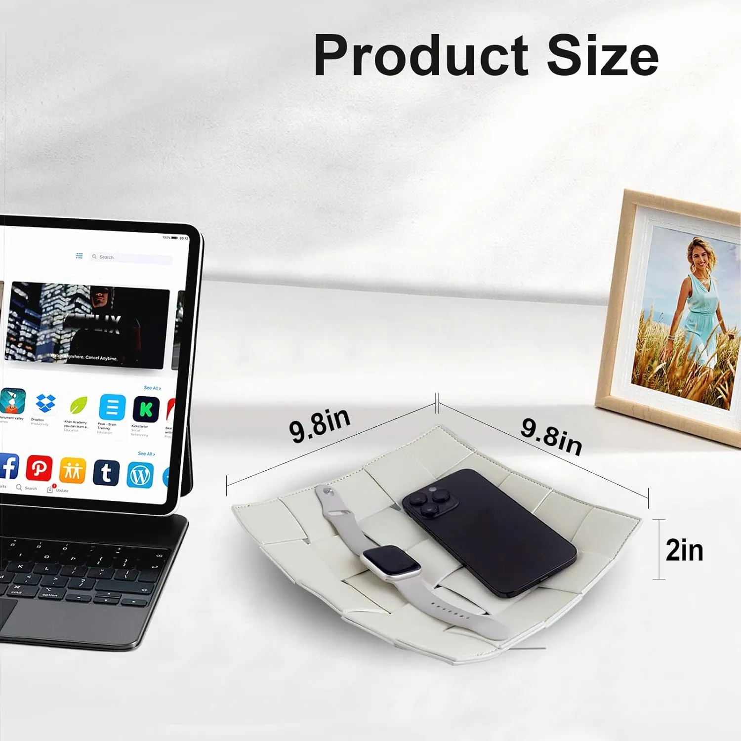 Valet Tray for Men PU Leather Key Holder Bowl for Entryway Table Bedside Nightstand Desk Catchall Organizer Tray for Wallet, Watch, Key, Phone Men's Gift - 9.8" L x 9.8" W x 2" H