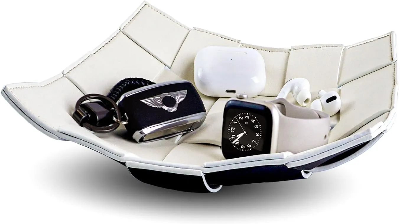 Valet Tray for Men PU Leather Key Holder Bowl for Entryway Table Bedside Nightstand Desk Catchall Organizer Tray for Wallet, Watch, Key, Phone Men's Gift - 9.8" L x 9.8" W x 2" H