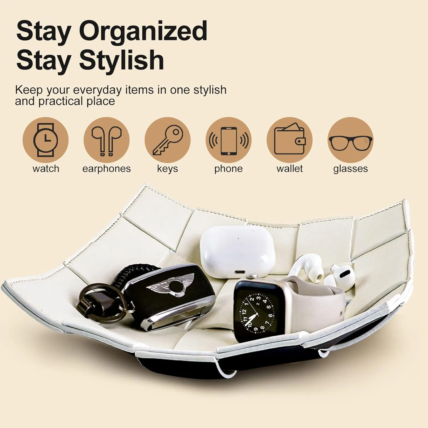 Valet Tray for Men PU Leather Key Holder Bowl for Entryway Table Bedside Nightstand Desk Catchall Organizer Tray for Wallet, Watch, Key, Phone Men's Gift - 9.8" L x 9.8" W x 2" H