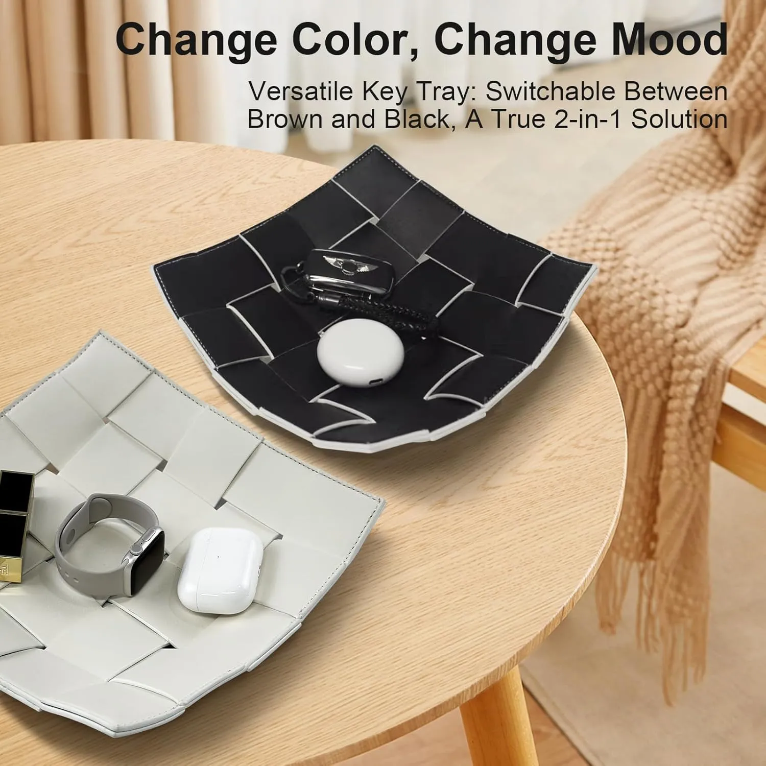Valet Tray for Men PU Leather Key Holder Bowl for Entryway Table Bedside Nightstand Desk Catchall Organizer Tray for Wallet, Watch, Key, Phone Men's Gift - 9.8" L x 9.8" W x 2" H