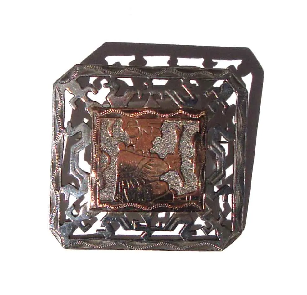 Vintage Guatemalan Brooch Mayan 900 Silver & Gold Pin