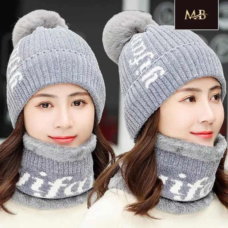 Winter wool cap with scarf