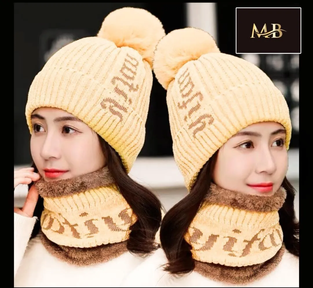 Winter wool cap with scarf