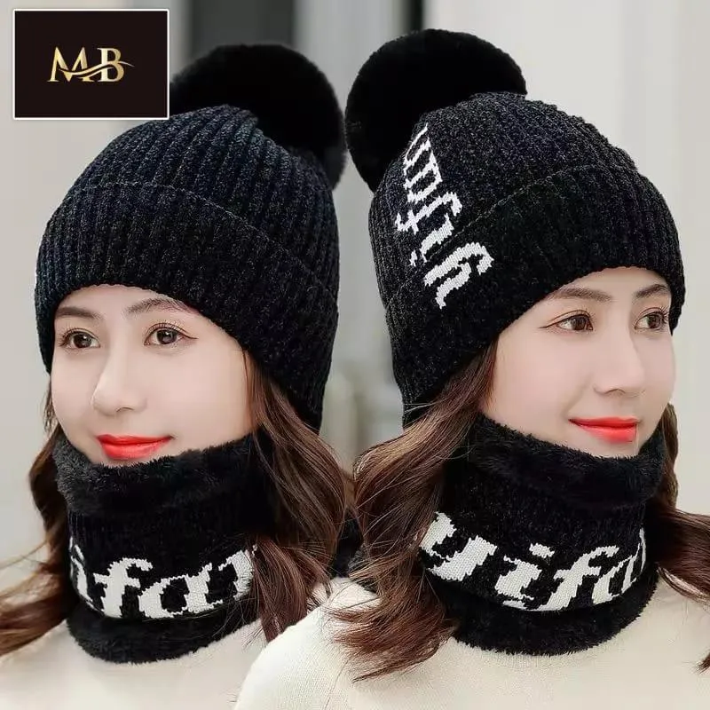 Winter wool cap with scarf