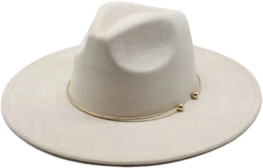 Women Men Suede Fedora Hats 9.5Cm Wide Brim Panama Western Cowboy Hat Gold Circle Church Caps