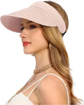 Womens Beach Straw Sun Visor Hat Ponytail Hole UV Protection Wide Brim Summer Cap Packable for Travel UPF 50 