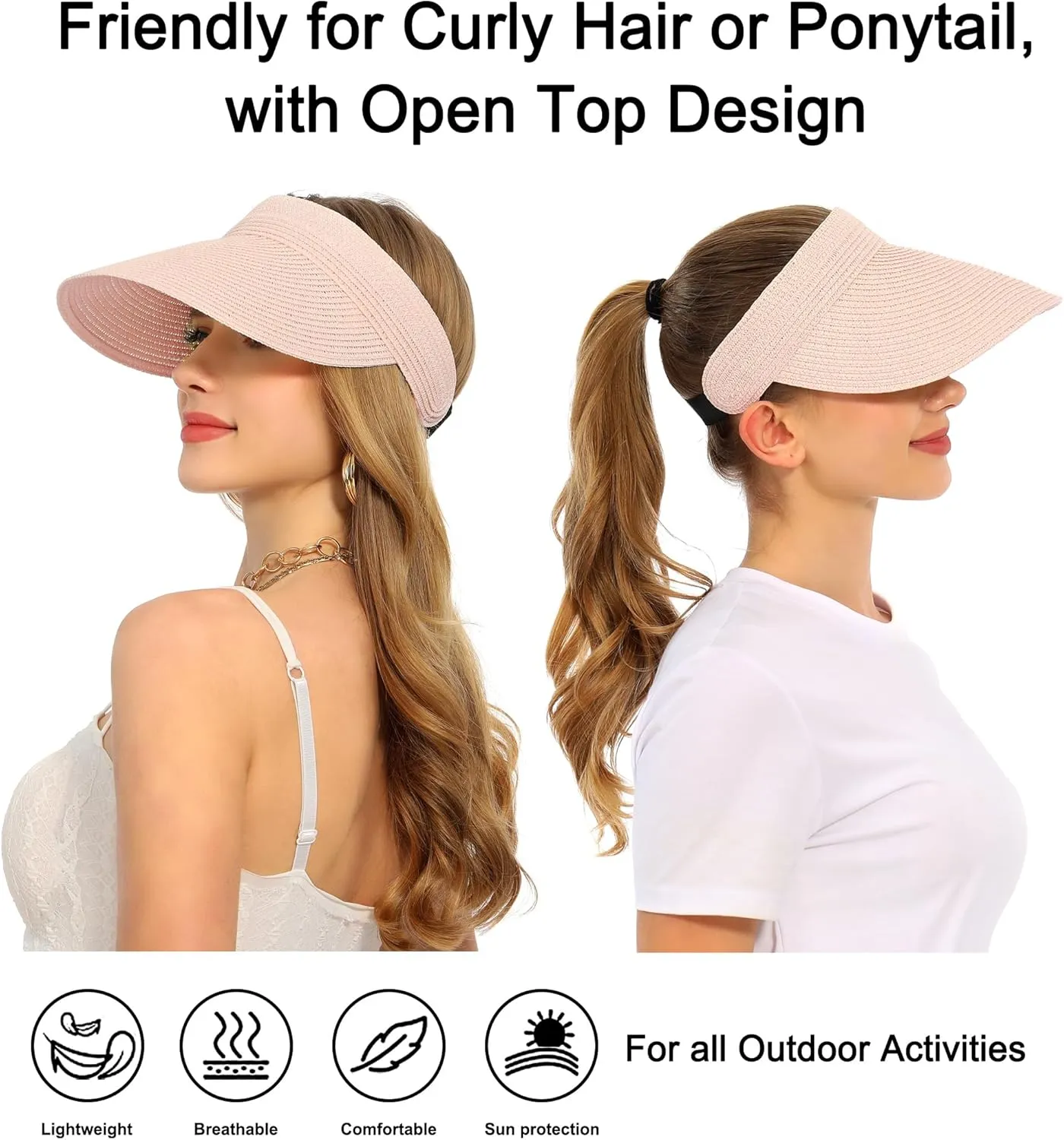 Womens Beach Straw Sun Visor Hat Ponytail Hole UV Protection Wide Brim Summer Cap Packable for Travel UPF 50 