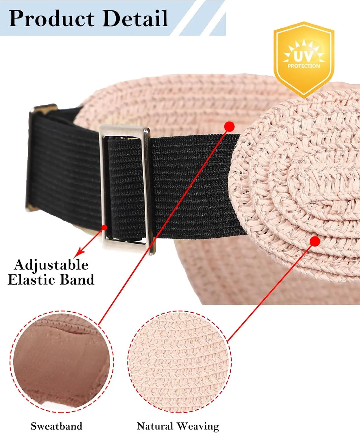 Womens Beach Straw Sun Visor Hat Ponytail Hole UV Protection Wide Brim Summer Cap Packable for Travel UPF 50 