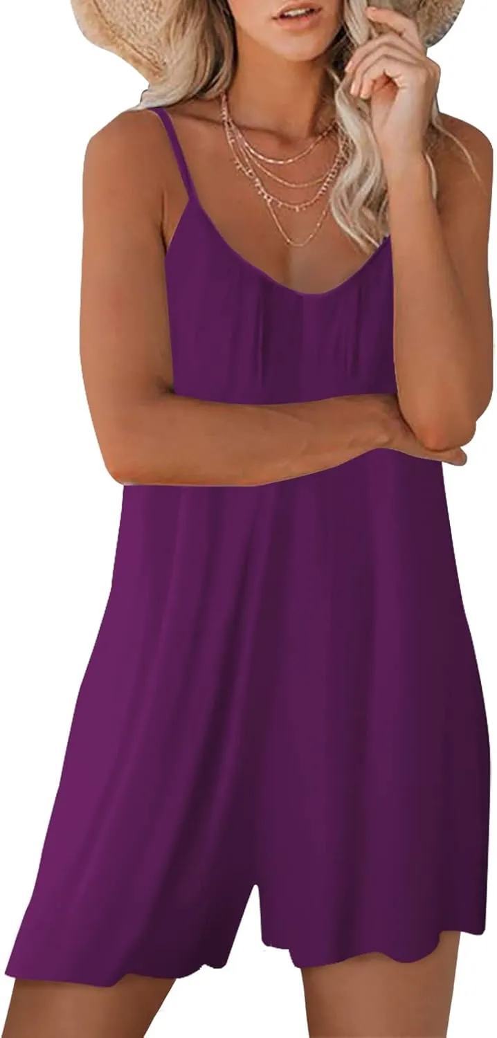 Womens Casual Sleeveless Strap Loose Adjustable Jumpsuits Stretchy Shorts Romper with Pockets