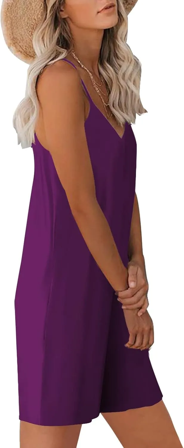 Womens Casual Sleeveless Strap Loose Adjustable Jumpsuits Stretchy Shorts Romper with Pockets