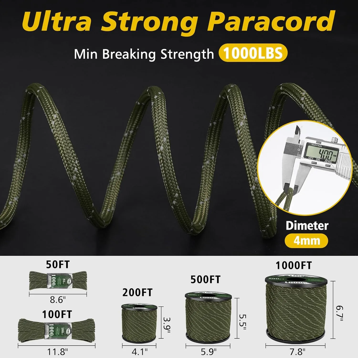 X XBEN Paracord Reflective 1000lb, 50/100/200/500/1000ft 4mm, 13 Strand Parachute Spool Cord, Heavy Duty Paracord Rope for Camping, Fishing, Hiking, Hunting, DIY Crafts, Black